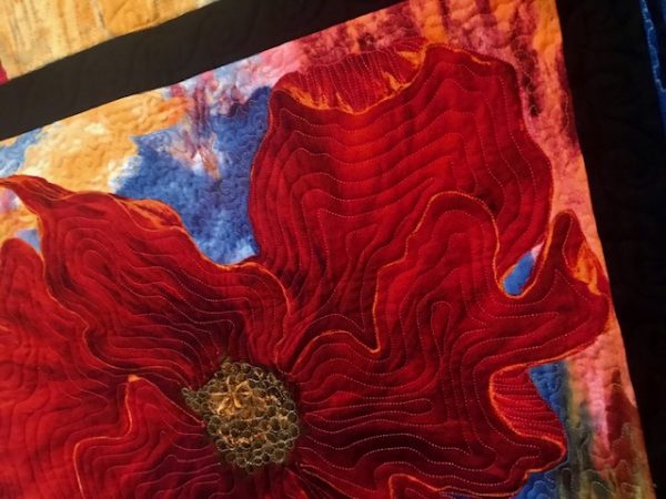 mosaic window, red flower close up, by Marijke Vroomen Durning, MyCreativeQuilts.com