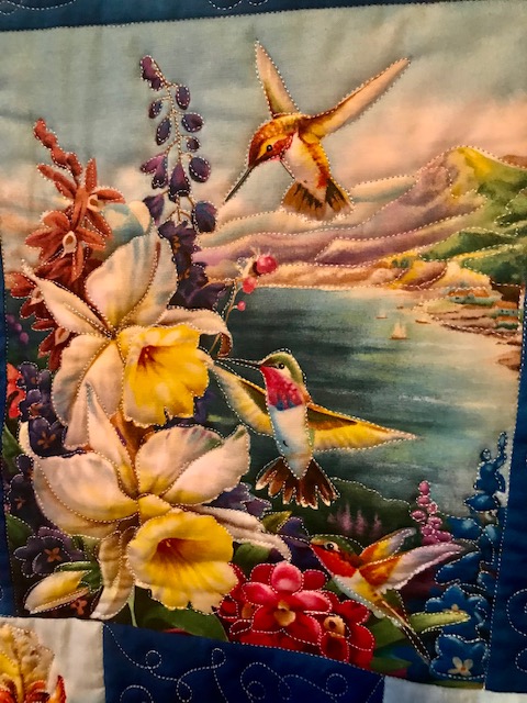 Hummingbird quilt panel close up, by Marijke Vroomen Durning, MyCreativeQuilts.com